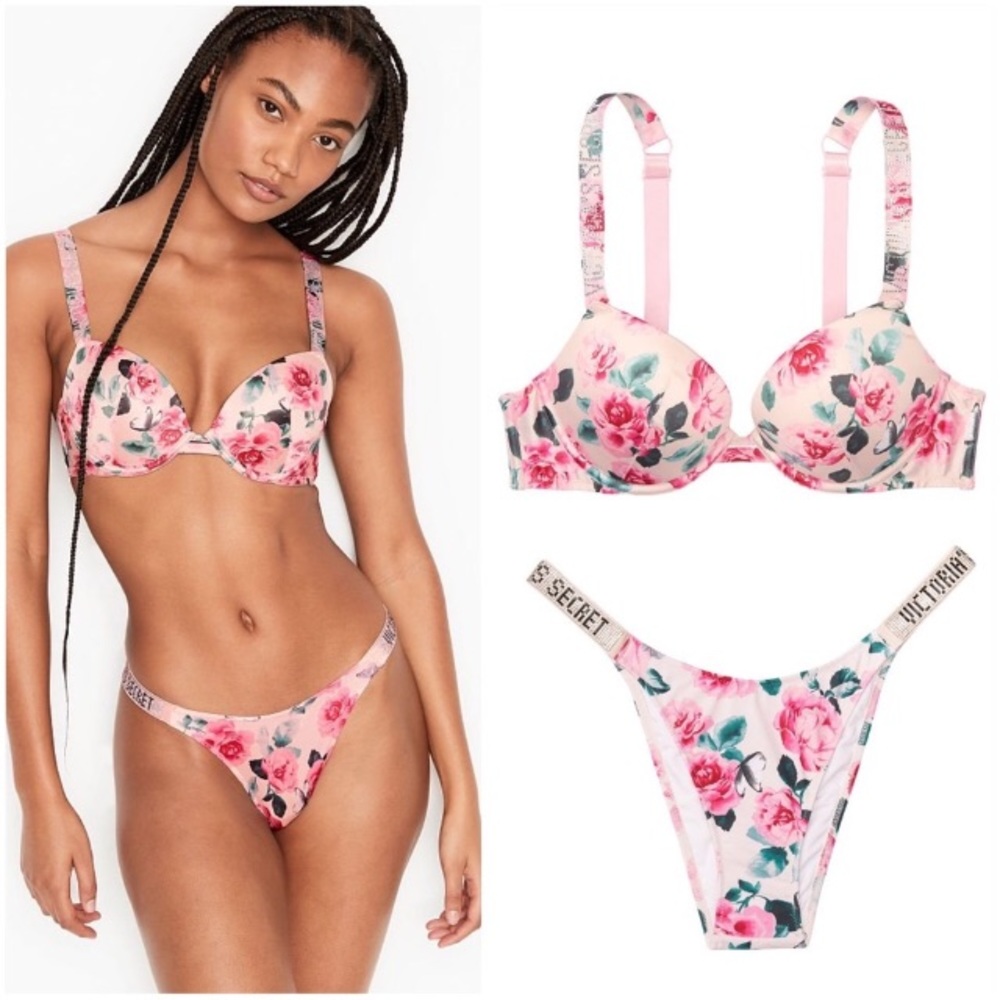 🌸😍VS Shine Strap Push-Up Bra & Brazilian Panty Set
